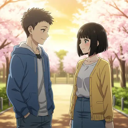 Anime-Style Scene with Short-Haired Boy and Black Bob Hairdo Girl