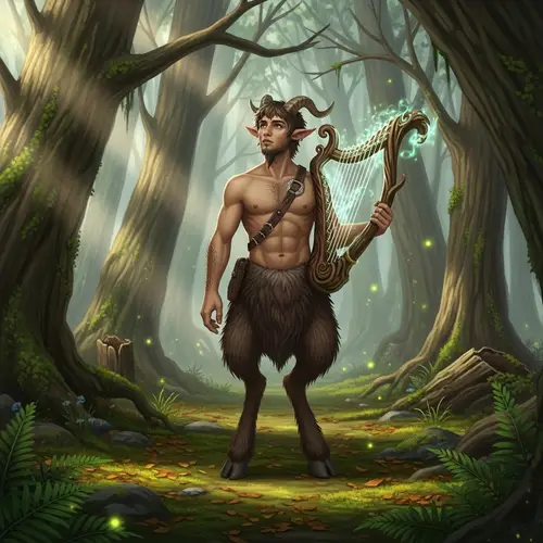 Musical Satyr with Luminescent Harp in a Small Forest
