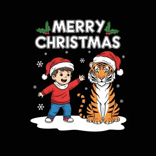 Christmas Vector Graphic Art with Young Boy and Tiger Friend