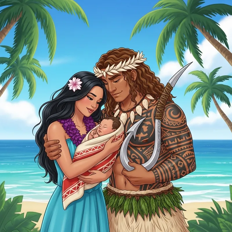 Moana and Maui with Newborn Baby - Heartwarming Family Scene Moana and Maui with Newborn Baby - Heartwarming Family Scene