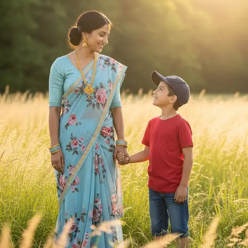Beautiful Woman and Boy Sharing Joyful Moment in Sunlit Field