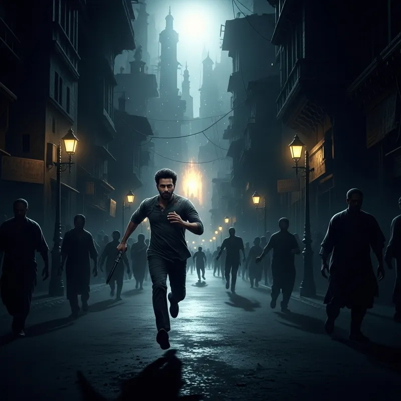 Surreal Scene of Man Running in Dark City Towards Bright Light