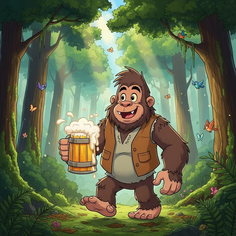 Cartoon Sasquatch Enjoying Beer in Relaxing Forest