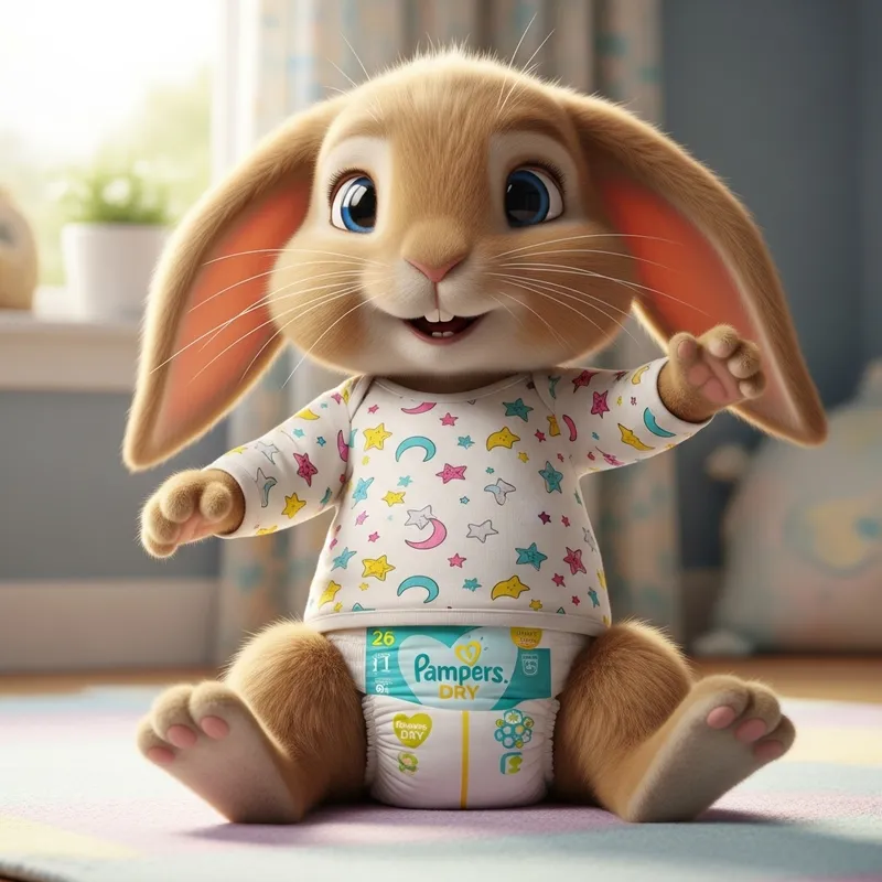 Playful Bunny in Pampers Baby Dry Diapers