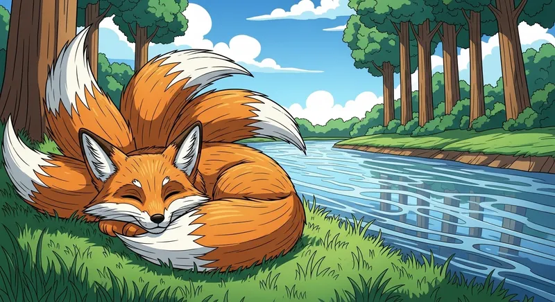 Charming Three-Tailed Fox Sleeping by Tranquil River Charming Three-Tailed Fox Sleeping by Tranquil River