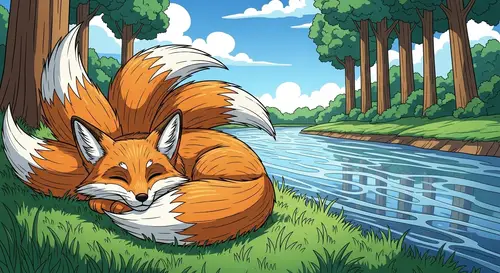 Magical Three-Tailed Fox Sleeping by River - Enchanting Scene