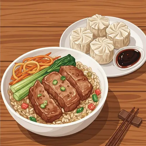 Hearty Pork Chao Fan Meal with Siomai Vector