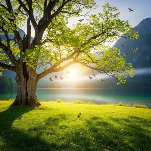 Tranquil Nature Scene: Lush Meadow, Clear Lake, Deciduous Tree