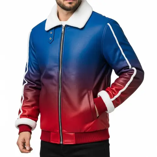 Stylish Unisex Jacket in Red, Blue & White | Cozy Fur Collar & Cuffs