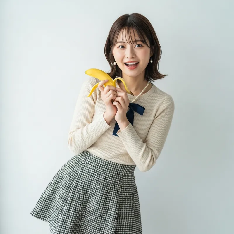Trendy Japanese Woman in Glamorous Photoshoot with Banana