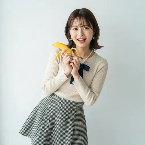 Trendy Japanese Woman with Banana in Glamorous Fashion Photoshoot