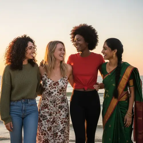 Diverse Female Friends Enjoying Sunset Beach Hangout