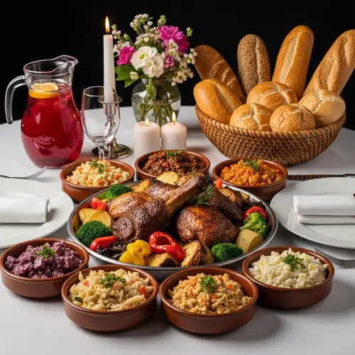 Sumptuous Meal with Roasted Meats, Colorful Vegetables, and Bread Varieties