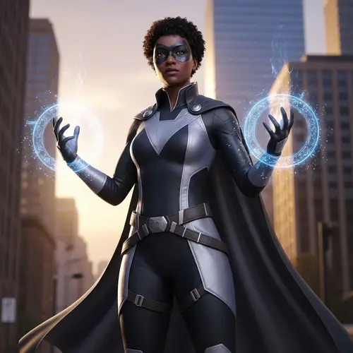 Empowering Black Superhero with Shape-Shifting Abilities in Urban Sunset Scene