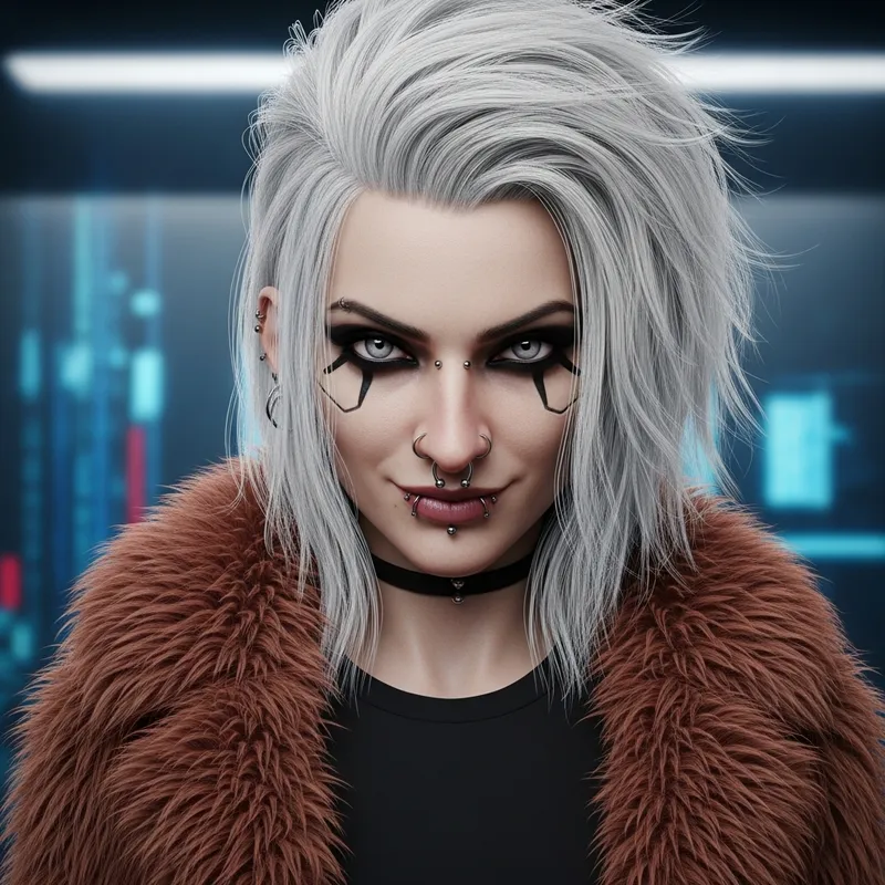 Rebellious Cyberpunk Female with Punk White Hair and Nose Piercings