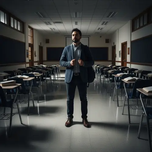 Thoughtful Hispanic Male Professor in Empty School Building