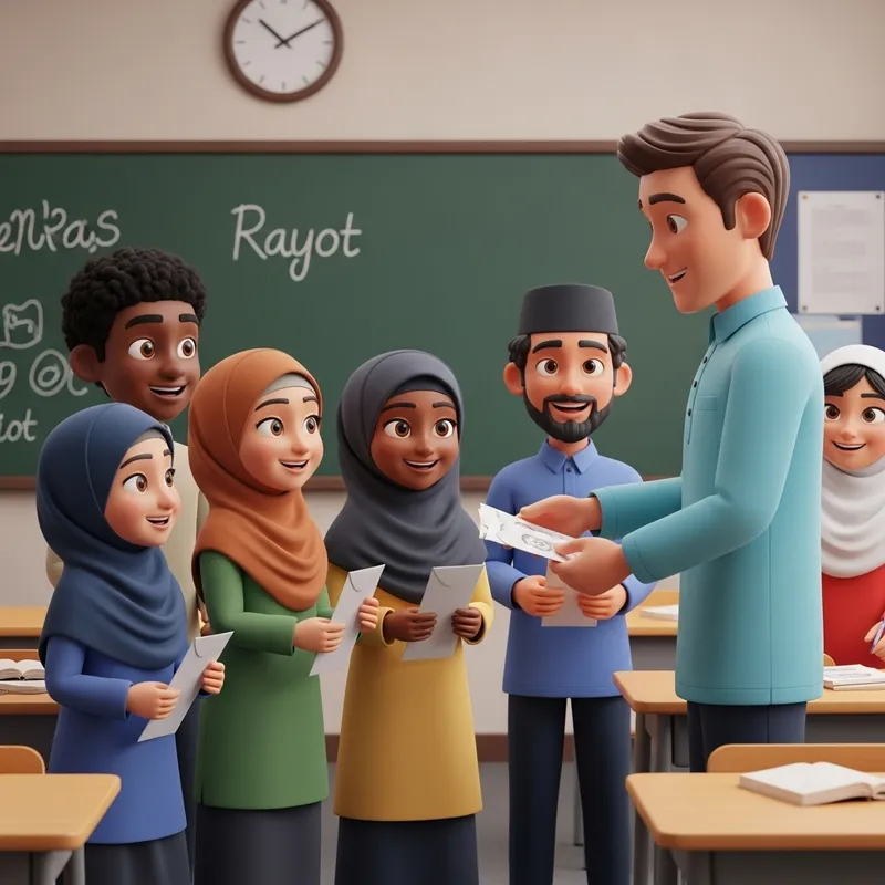 Vibrant Hijab Students Receive Raya Money - School Poster 3D Animation
