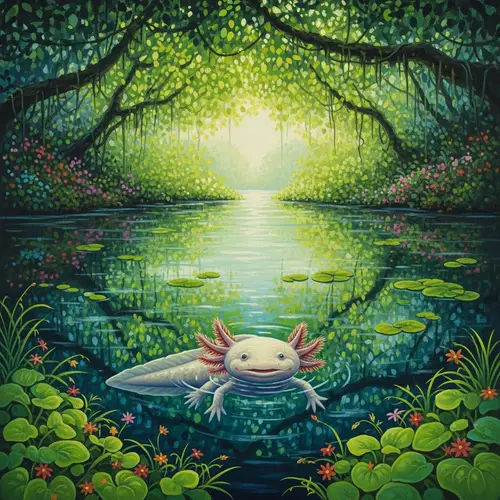 Oil Painting of Axolotl in Serene Lagoon