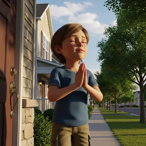 3D Caucasian Child Praying Outside Home in Calm Neighborhood