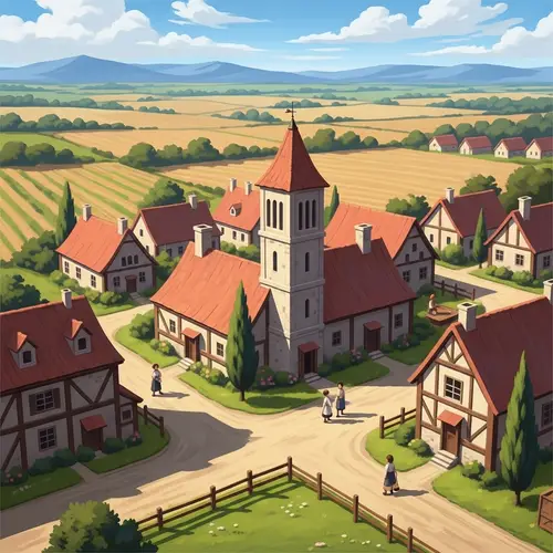 Idyllic Countryside Village in Pastel Colors