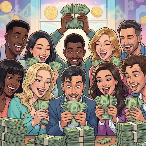 Excited Diverse Group Admiring Stacks of Cash | Money Enthusiasts
