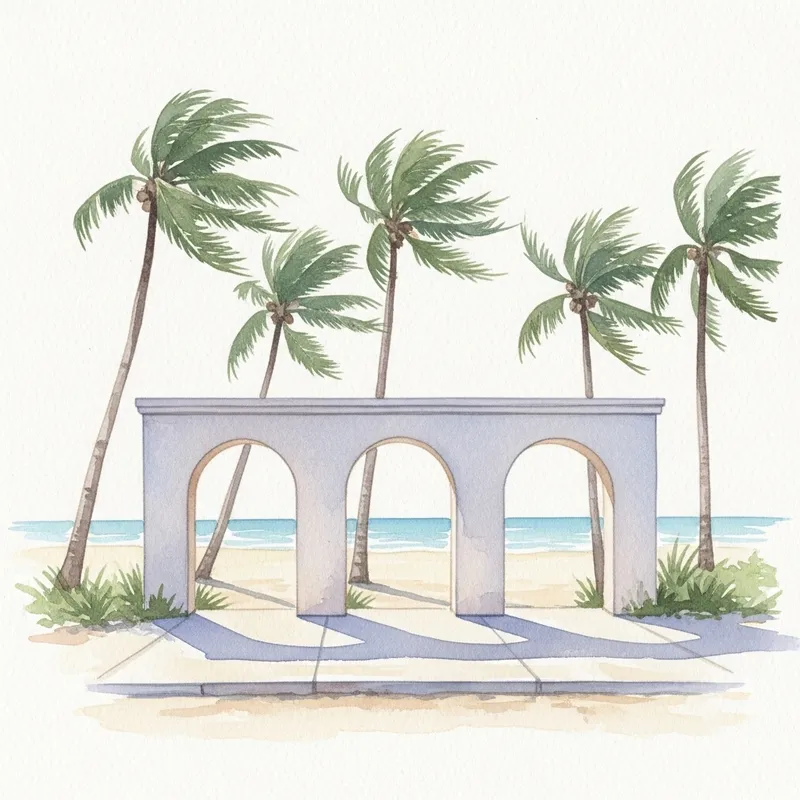 Idyllic Beach Arches & Coconut Trees: Gouache Watercolor Art