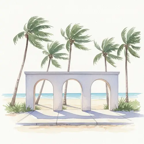 Scenic Watercolor Painting: Beach Arches & Coconut Trees
