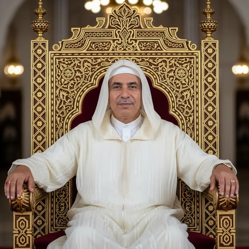 Moroccan King Seated on Regal Throne