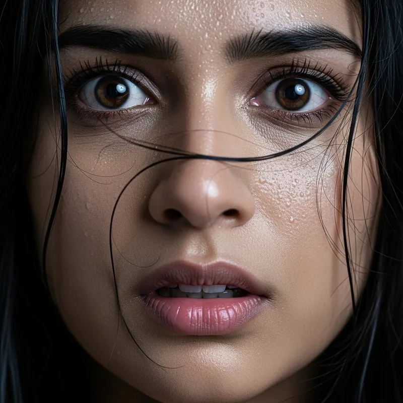 Intense Panic: Close-Up of Scared South Asian Woman