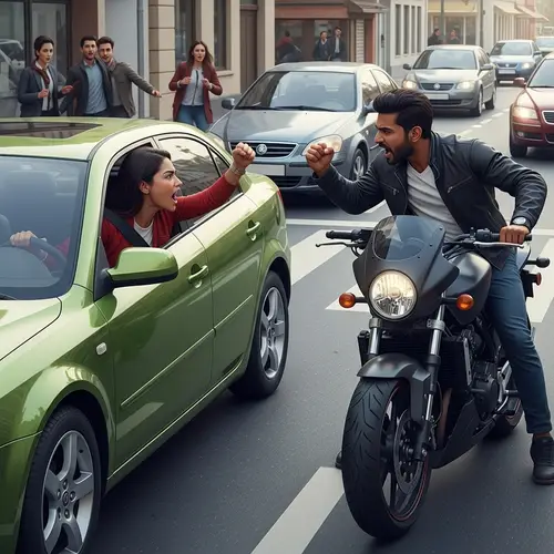 Chaotic Street Scene: Green Car vs. Black Motorcycle Drama
