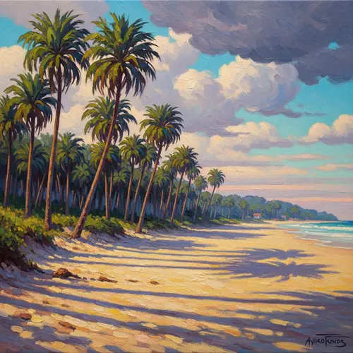 Vibrant Beach Landscape with Neo-Impressionist Palm Trees
