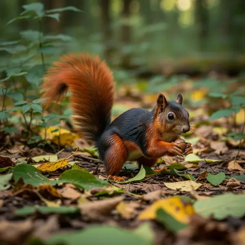 Furry Red and Black Squirrel in Lush Green Forest