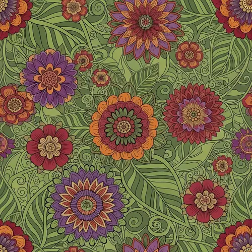 Bohemian Style Floral Pattern in Purple, Orange, and Green