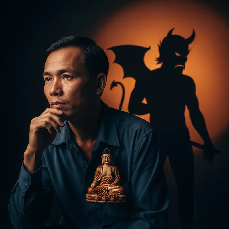 Vietnamese Man Contemplating Buddha and Devil Shadows