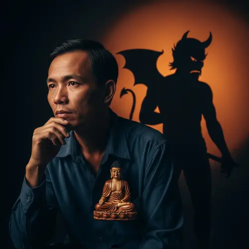 Serene Portrait of a Vietnamese Man with Buddha and Devil Shadows