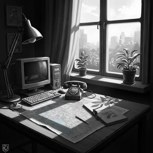 Vintage Black-and-White Digital Painting: Table with Computer and Old Rotary Telephone