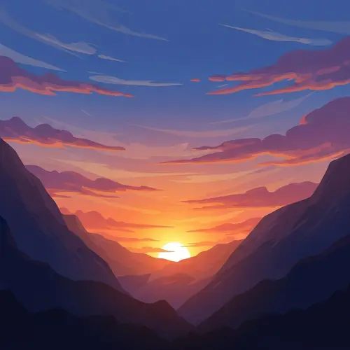 Mountain Sunset Cartoon Image | Tranquil Blend of Night & Day