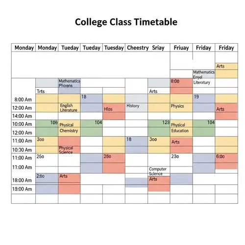 Color-Coded College Class Timetable for Easy Recognition