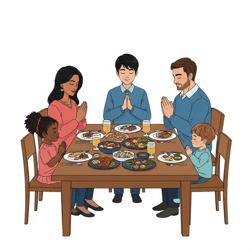 Multicultural Family Praying Together Around Dining Table