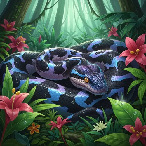 Anime Style Python Snake Illustration in Lush Rainforest Habitat