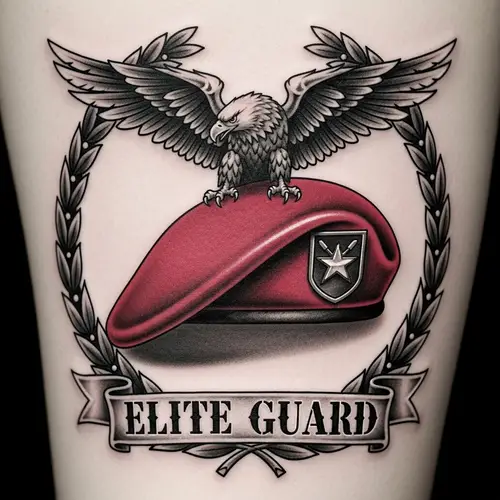 Black and White Tattoo of 3erpima Logo with Red Beret