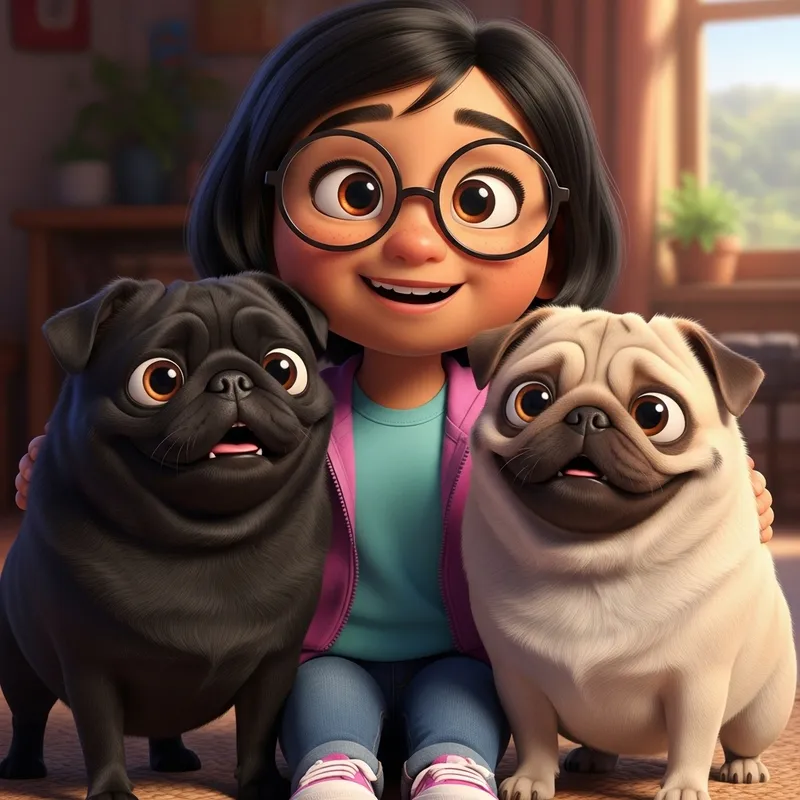 Young Hispanic Girl with Glasses and Black Hair with Two Pixar-Like Pugs