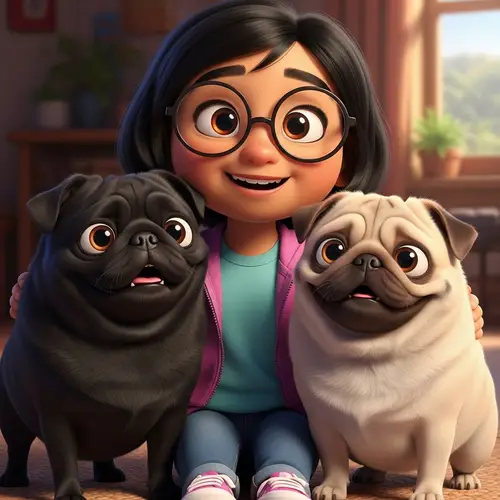 Young Hispanic Girl with Pugs in Warm Pixar Scene