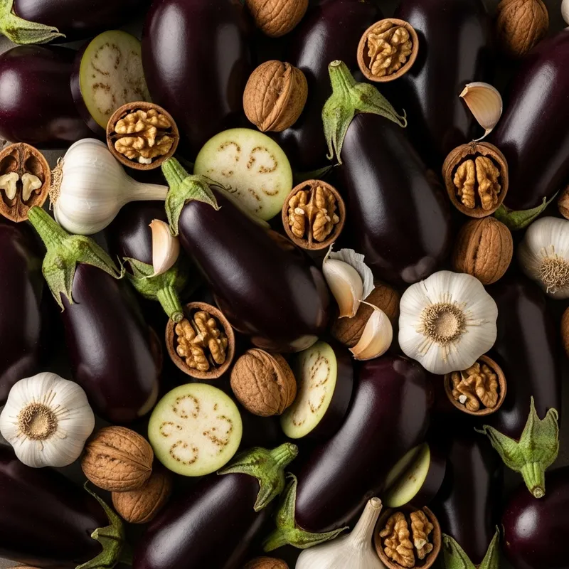Eggplants with Garlic and Walnuts: Abstract Still Life
