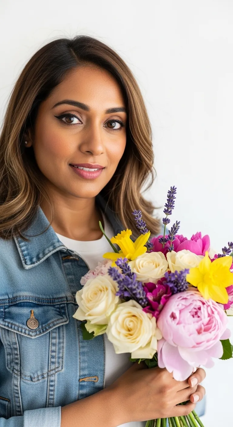 South Asian Woman Holding Bouquet of Flowers | White Background