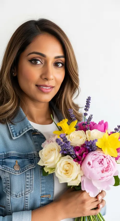 South Asian Woman with Bouquet of Flowers | White Background