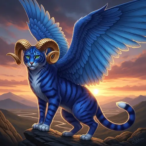 Blue Cat with Wings and Horns - Mystical Creatures Collection