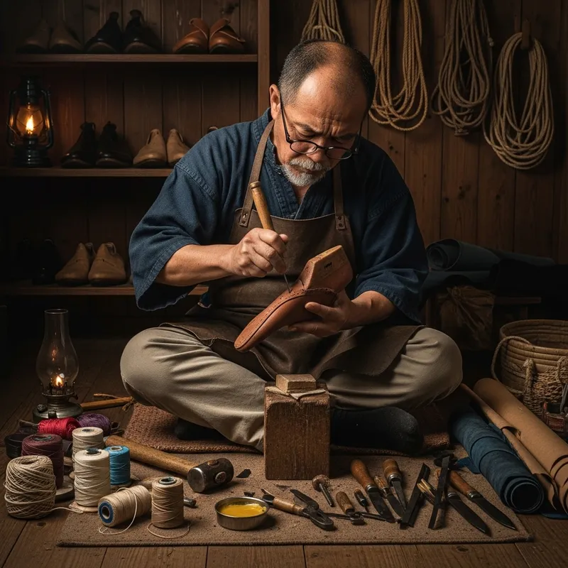 Crafting Leather Shoes: East Asian Cobbler Working with Dedication Crafting Leather Shoes: East Asian Cobbler Working with Dedication