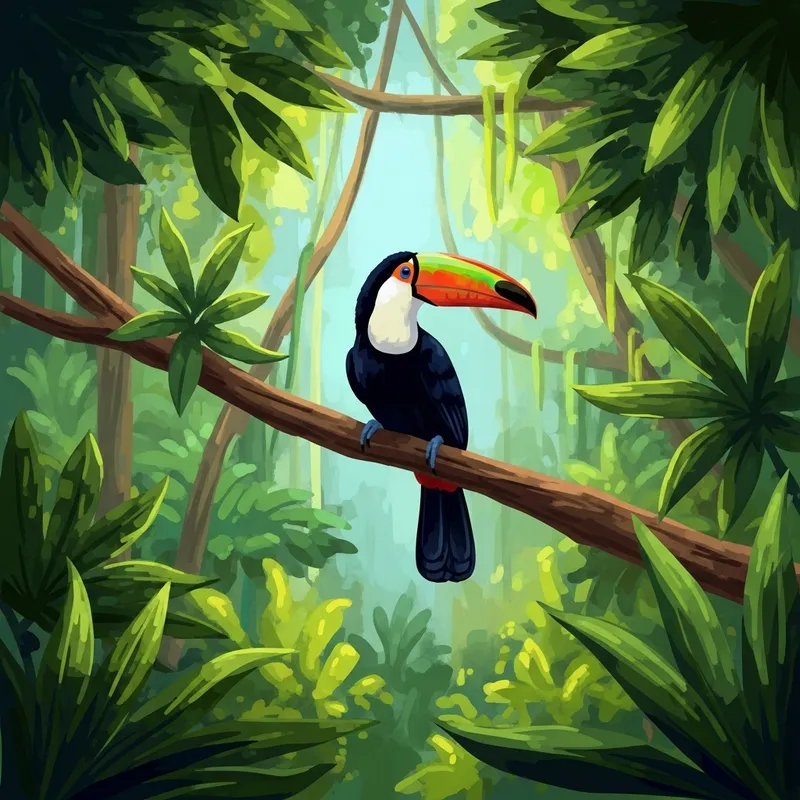 Bold Toco Toucan Illustration in Tropical Rainforest | Vibrant Wildlife Art