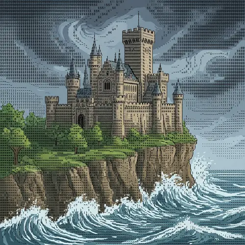 Intricate ASCII Art of Majestic Castle on Cliff